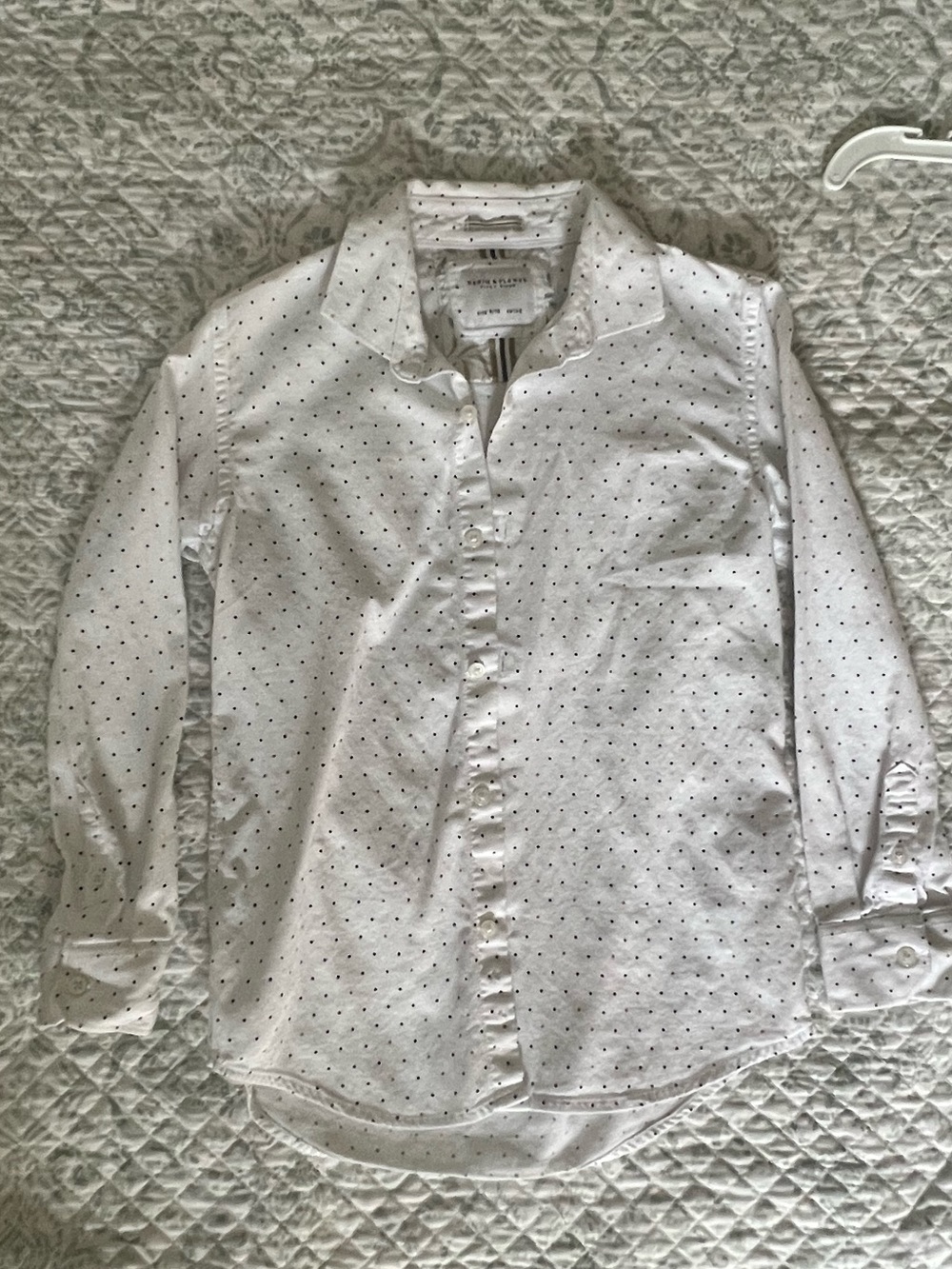 Denim & Flower White Button-Up Shirt with Small Black Dot Print